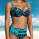 Margarida - Biquíni de cintura alta com estampa de folhas
