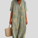 Clementina - Vestido Azul-Cinza com Bordado Floral