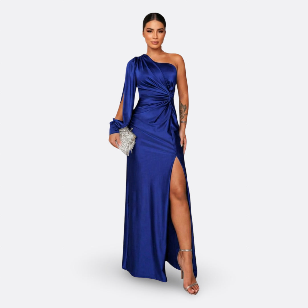 Caetana – Vestido Longo Assimétrico com Drapeado