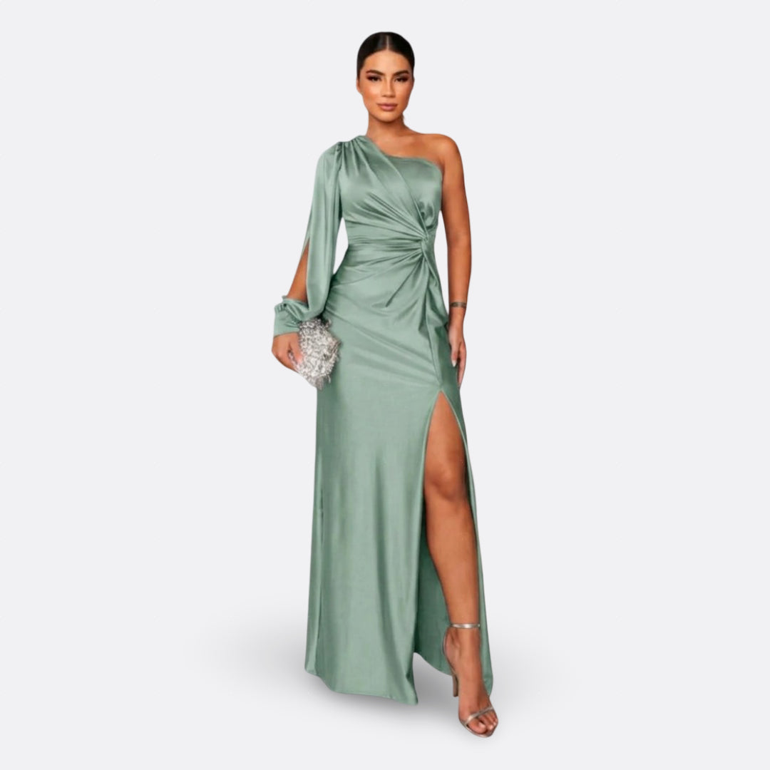 Caetana – Vestido Longo Assimétrico com Drapeado