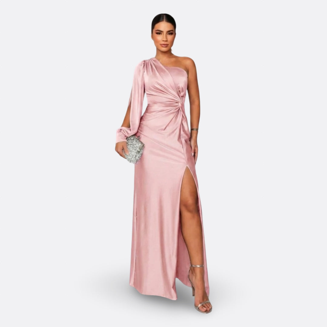 Caetana – Vestido Longo Assimétrico com Drapeado