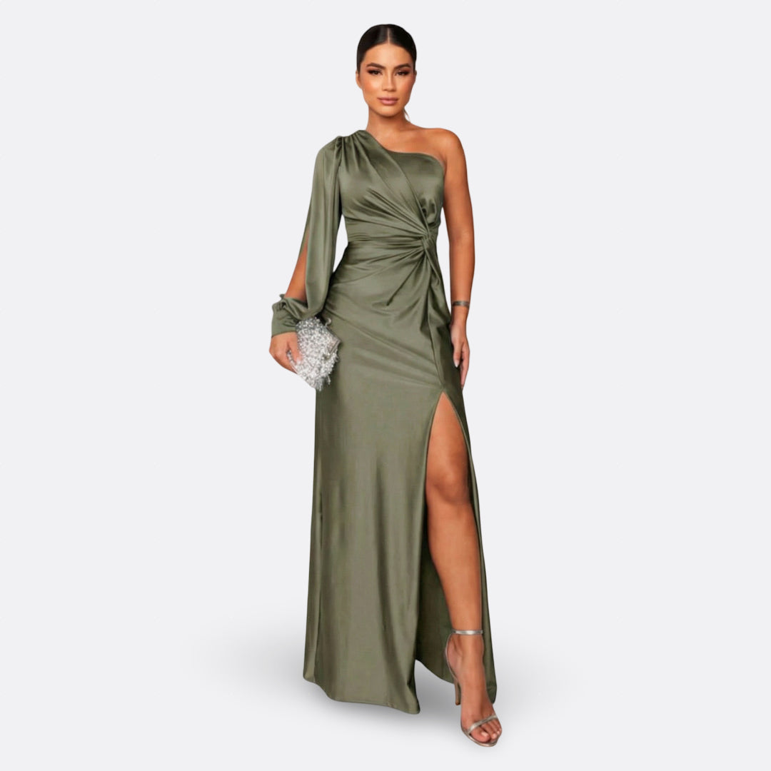 Caetana – Vestido Longo Assimétrico com Drapeado