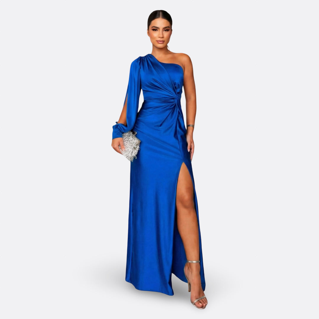 Caetana – Vestido Longo Assimétrico com Drapeado