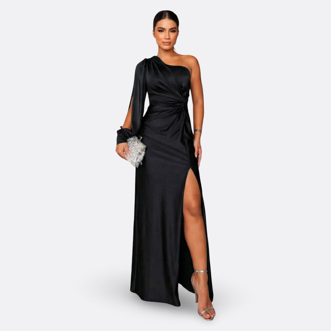 Caetana – Vestido Longo Assimétrico com Drapeado